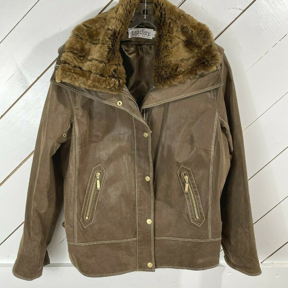 Bradley Bayou Women’s Brown Leather Jacket With Removable Fur Collar size Large